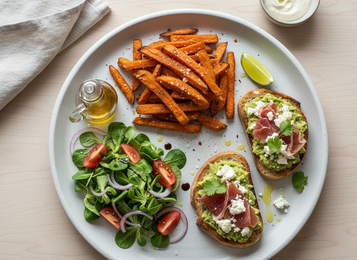 Cena variada con batatas fritas, ensalada y tostada photo