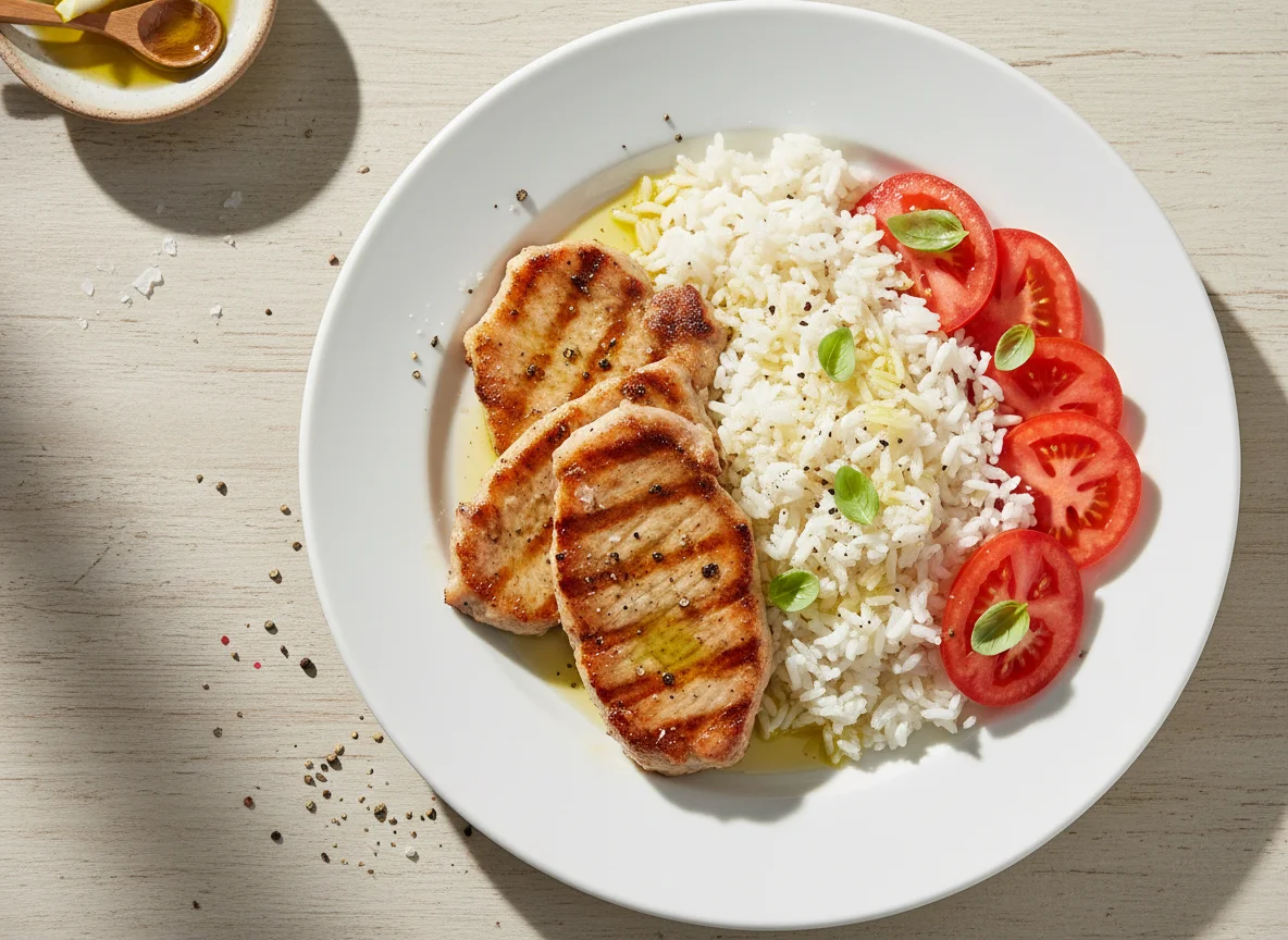 Cerdo a la plancha con arroz y tomate photo