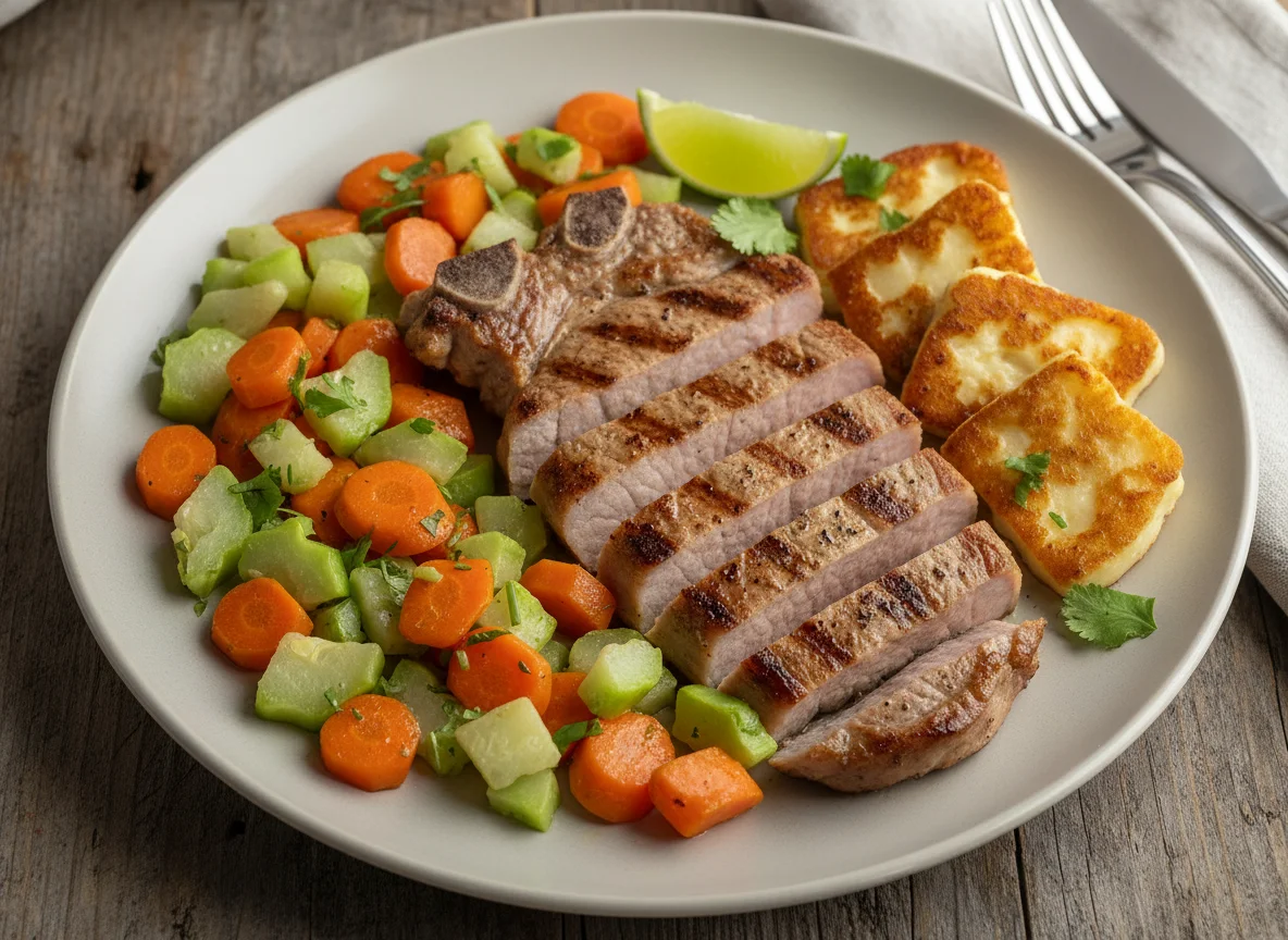 Cerdo a la plancha con vegetales y queso frito photo