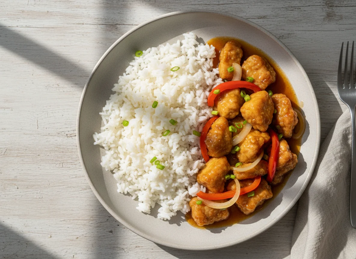 Cerdo agridulce con arroz photo