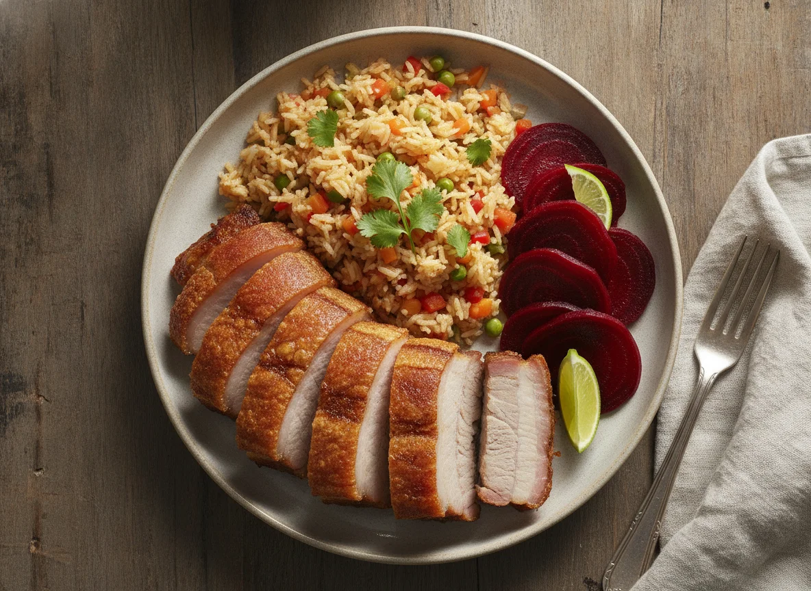 Cerdo asado con arroz y betarraga photo