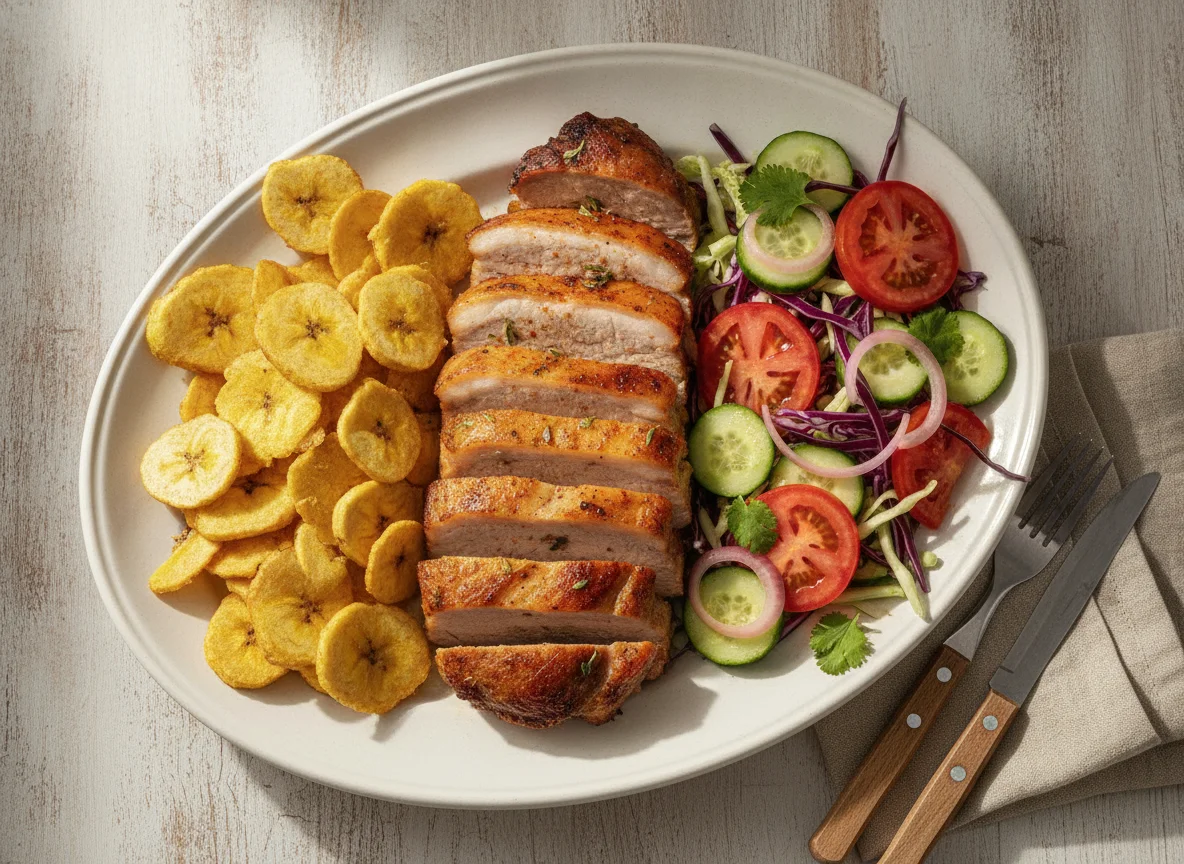 Cerdo asado con tajadas y ensalada photo