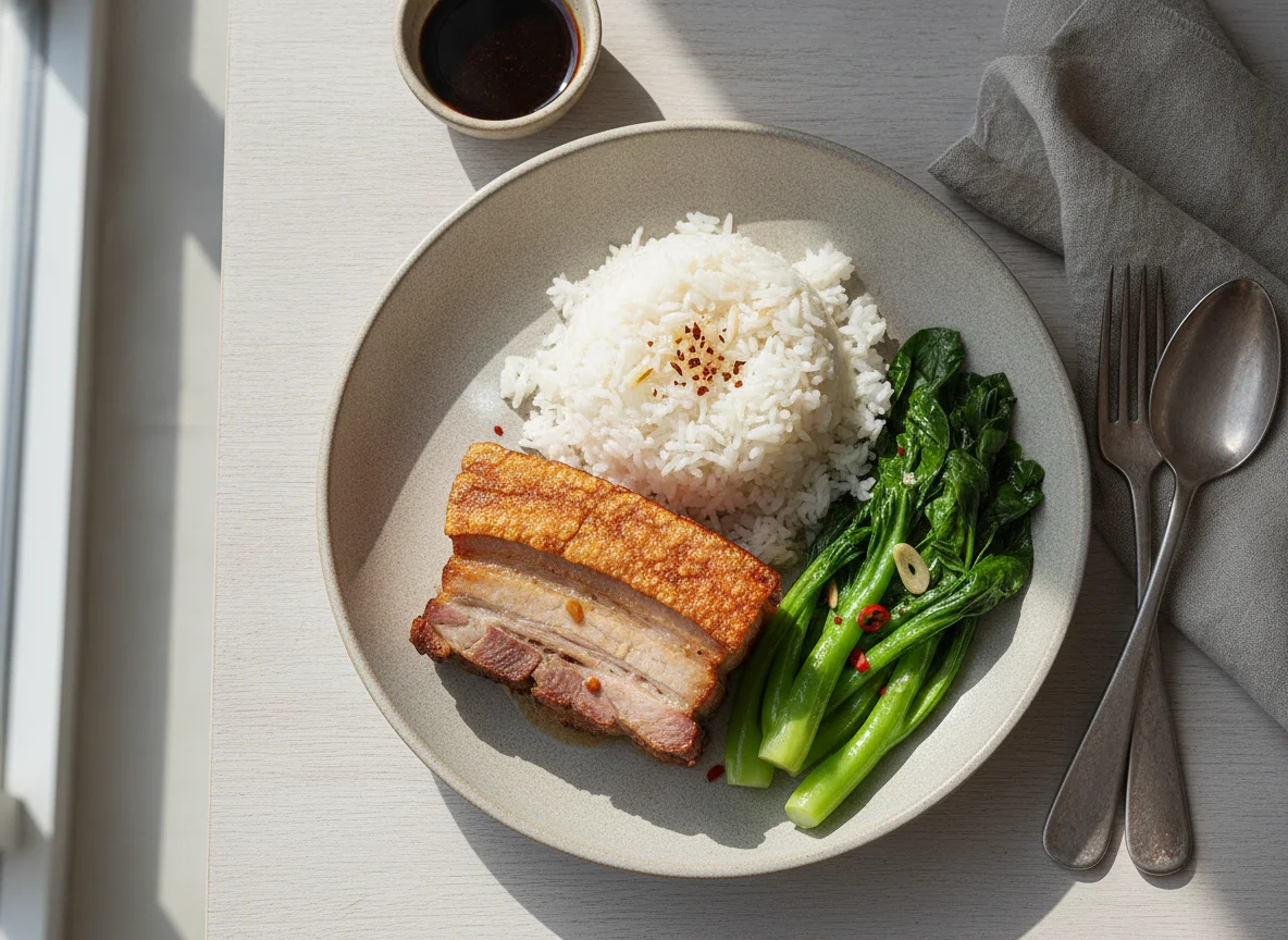 Cerdo Asado Crujiente con Arroz y Vegetales photo