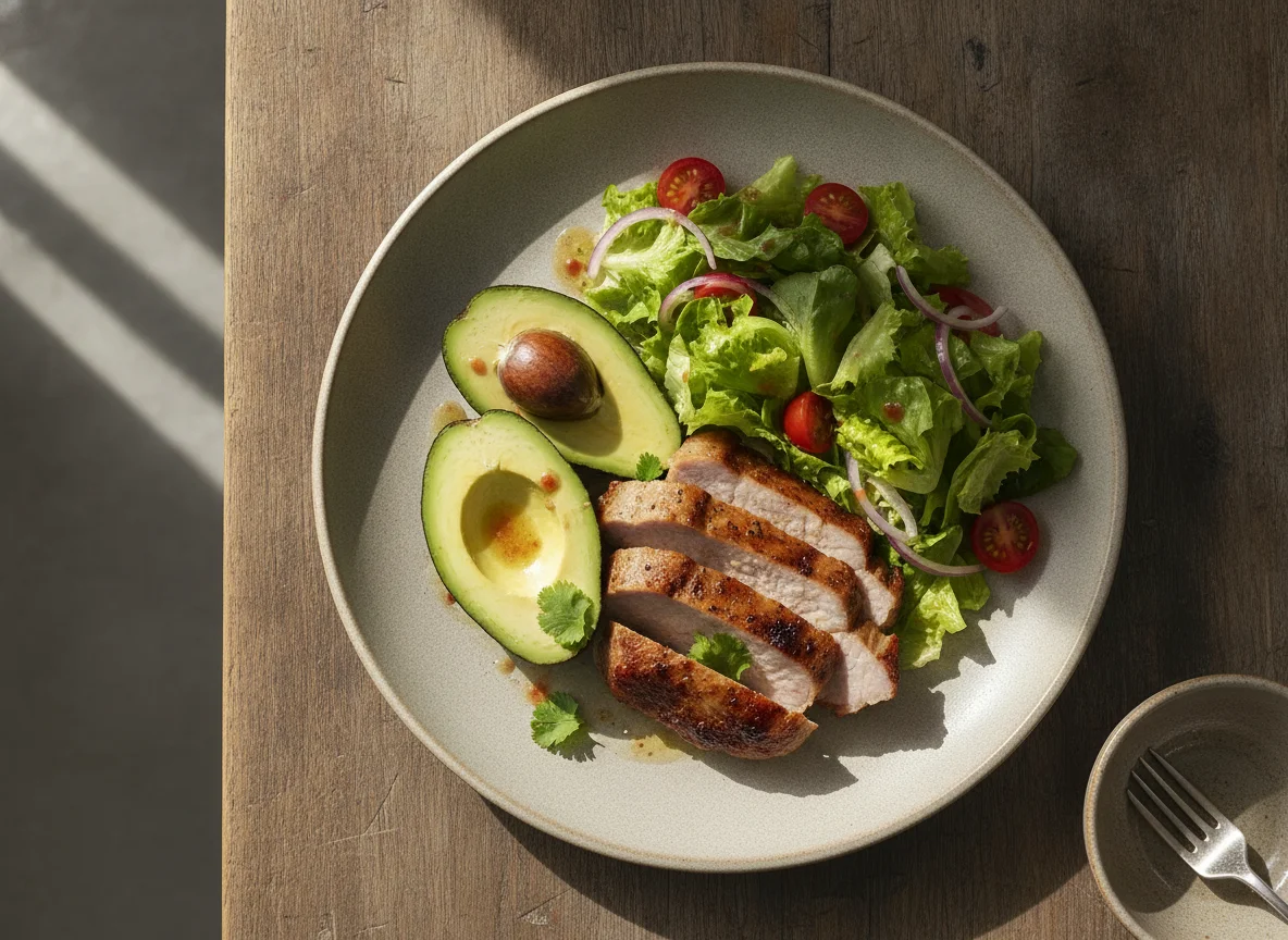 Cerdo con aguacate y ensalada photo