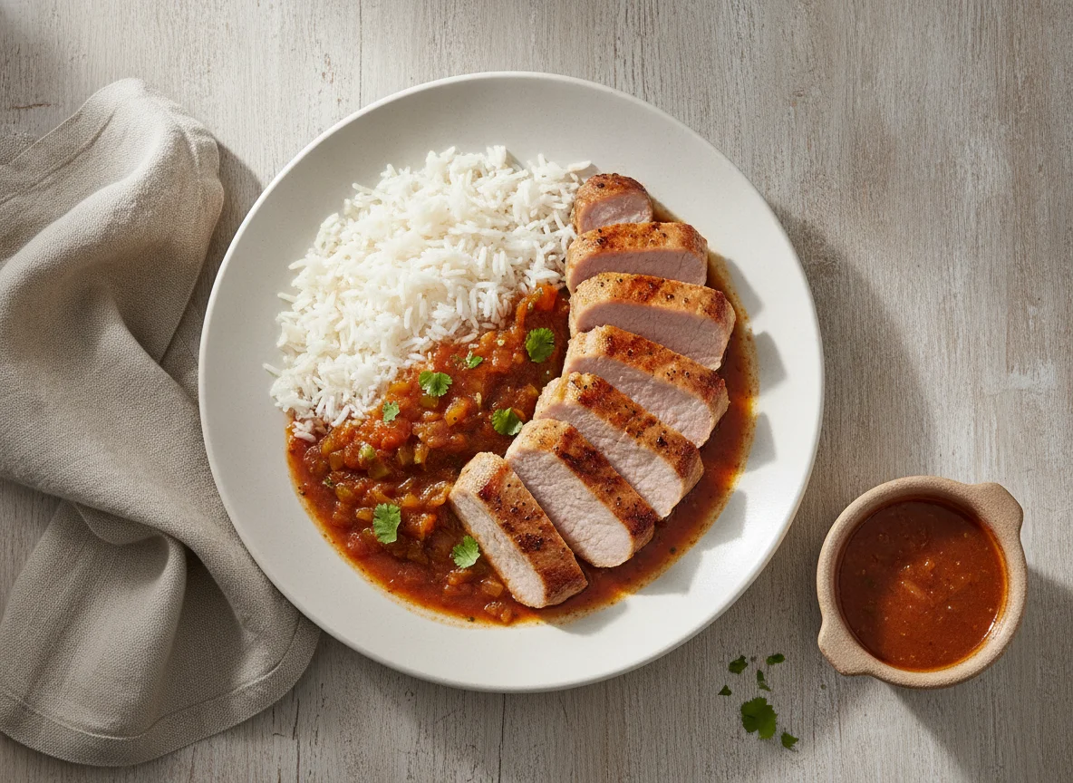Cerdo con arroz blanco y salsa photo