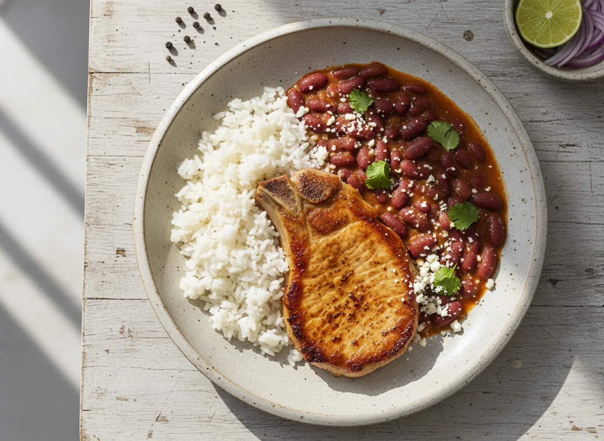 Cerdo con arroz, frijoles y queso photo