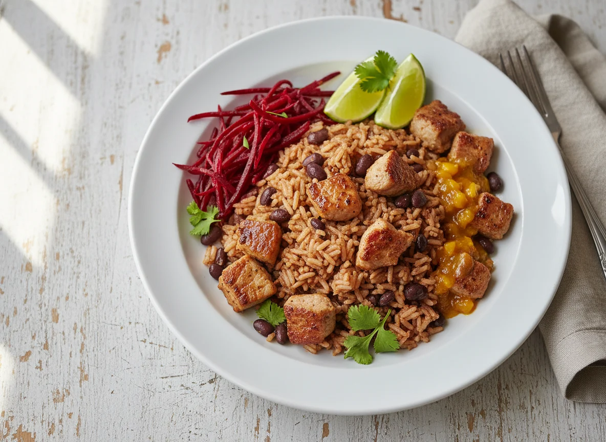 Cerdo con arroz y frijoles photo