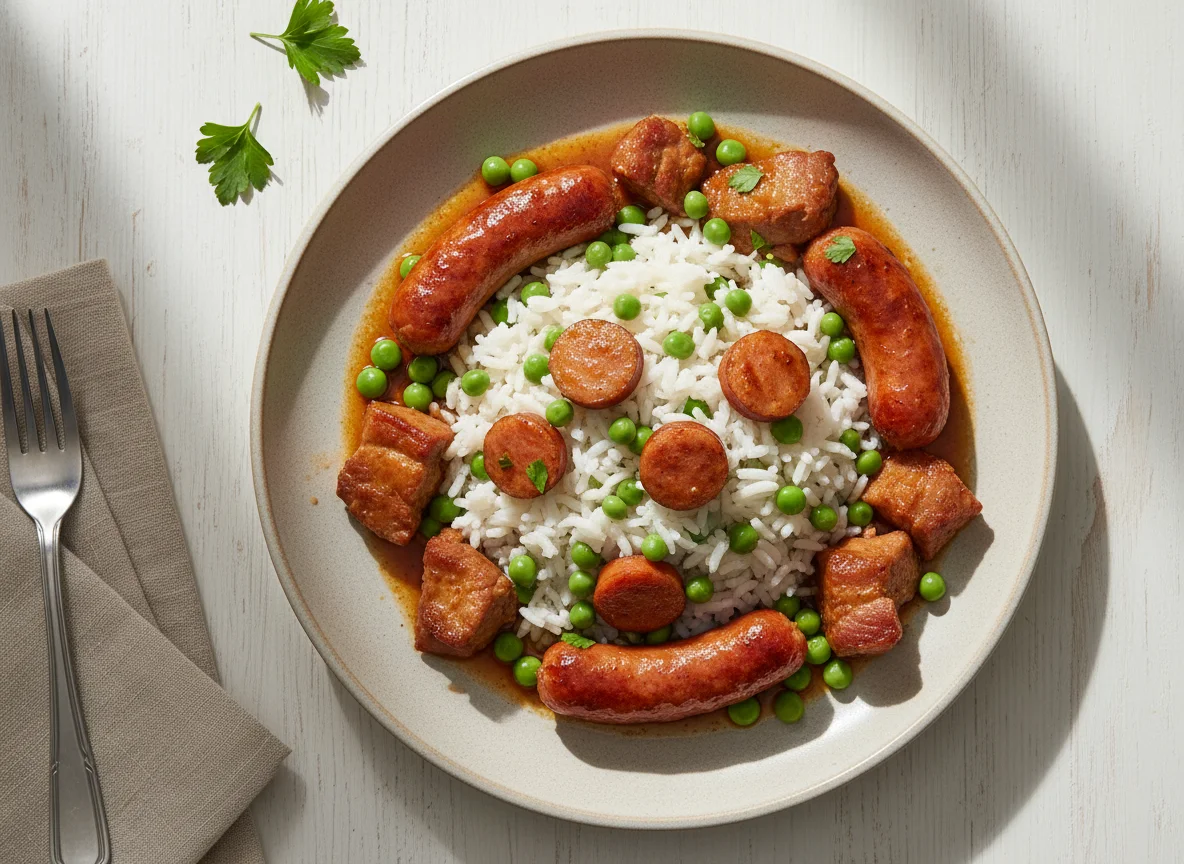 Cerdo con arroz y guisantes con salchicha photo