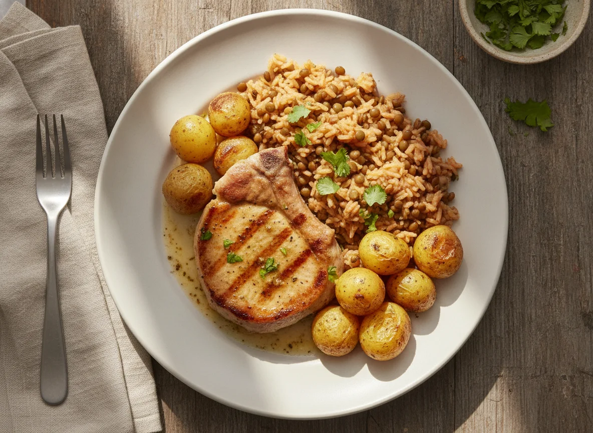Cerdo con arroz y lentejas, y papas criollas photo