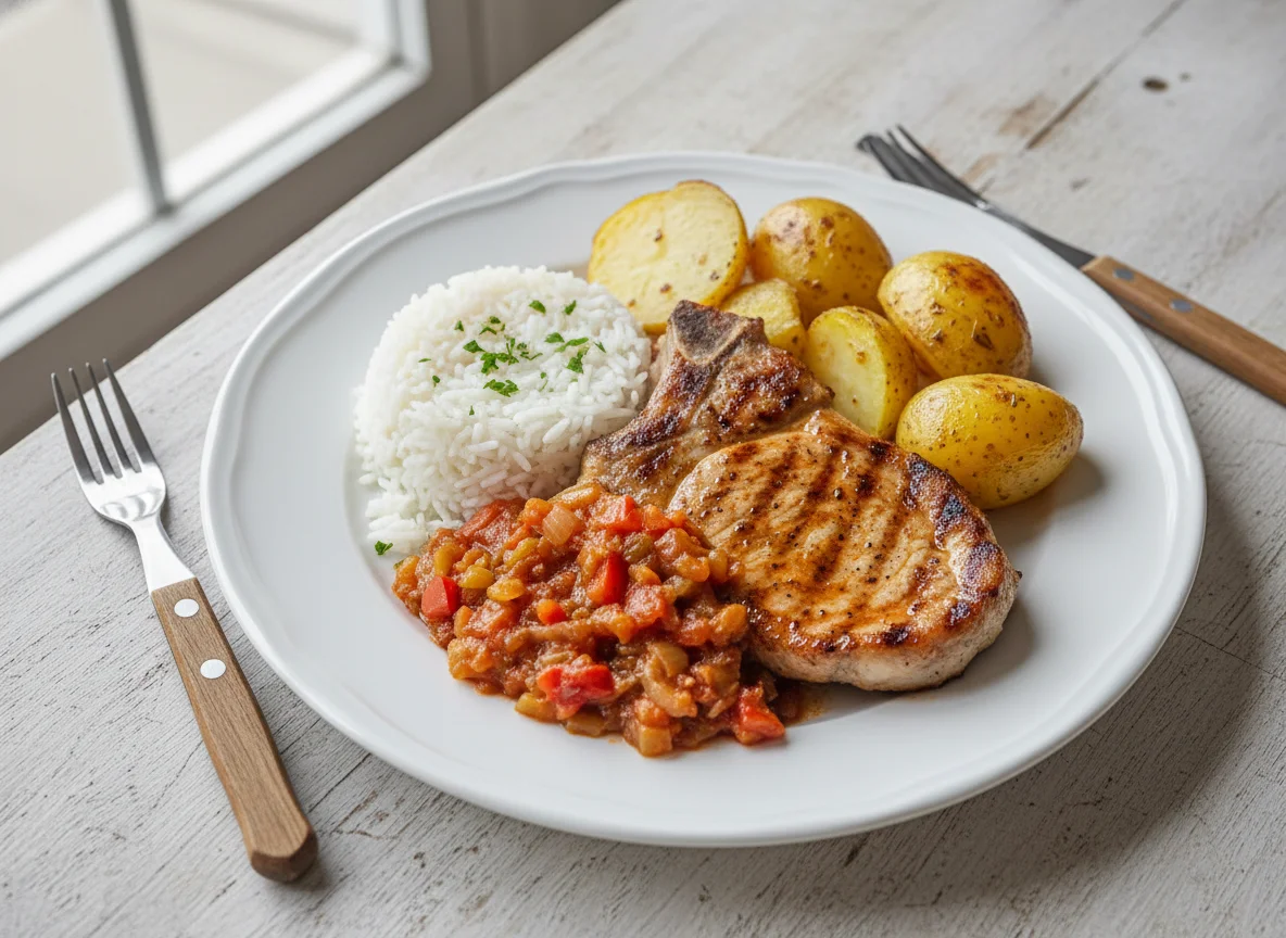 Cerdo con arroz y patatas photo