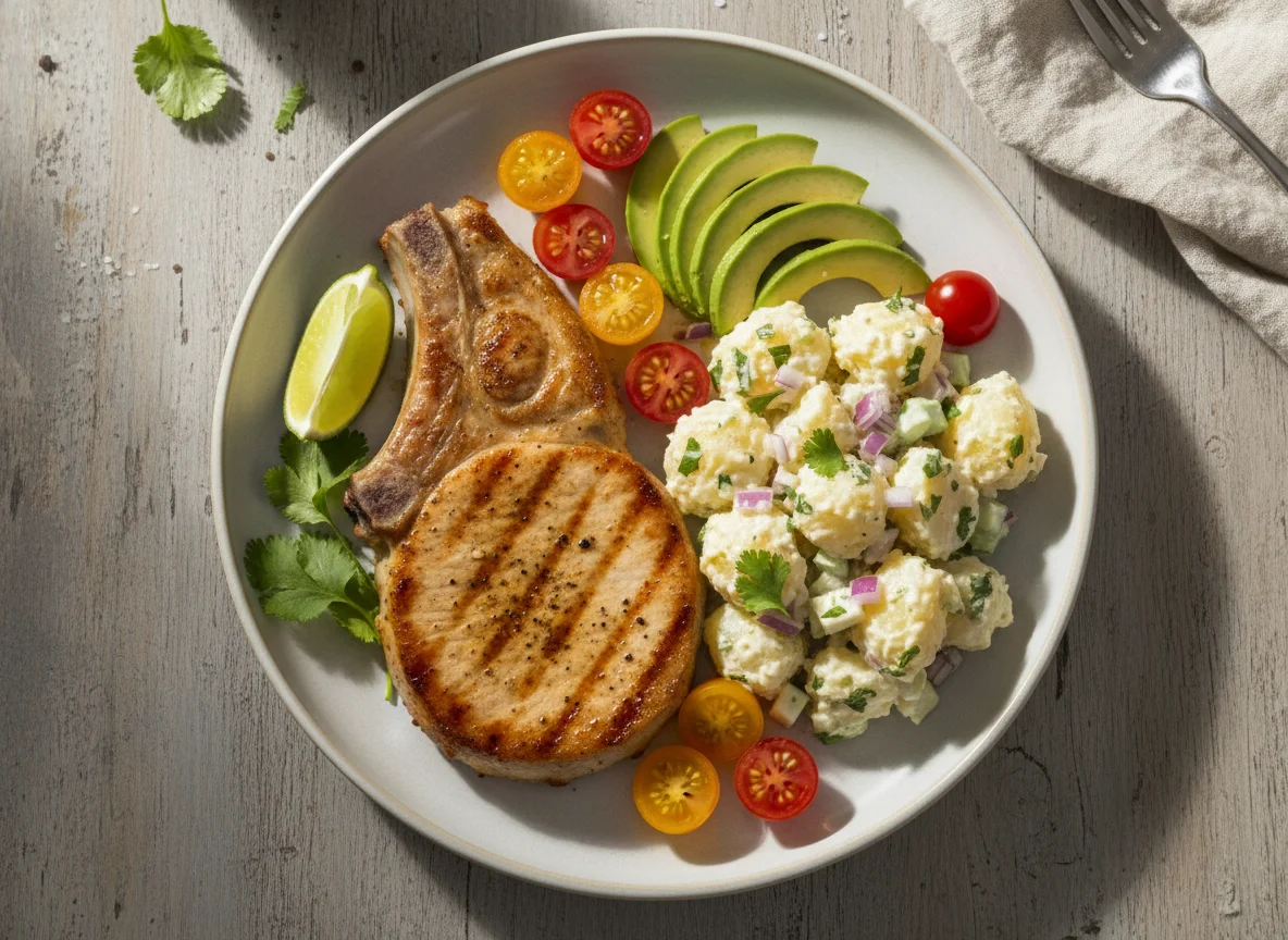 Cerdo con ensalada de papa, aguacate y tomate photo