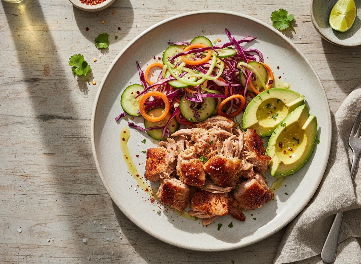 Cerdo con ensalada y aguacate photo