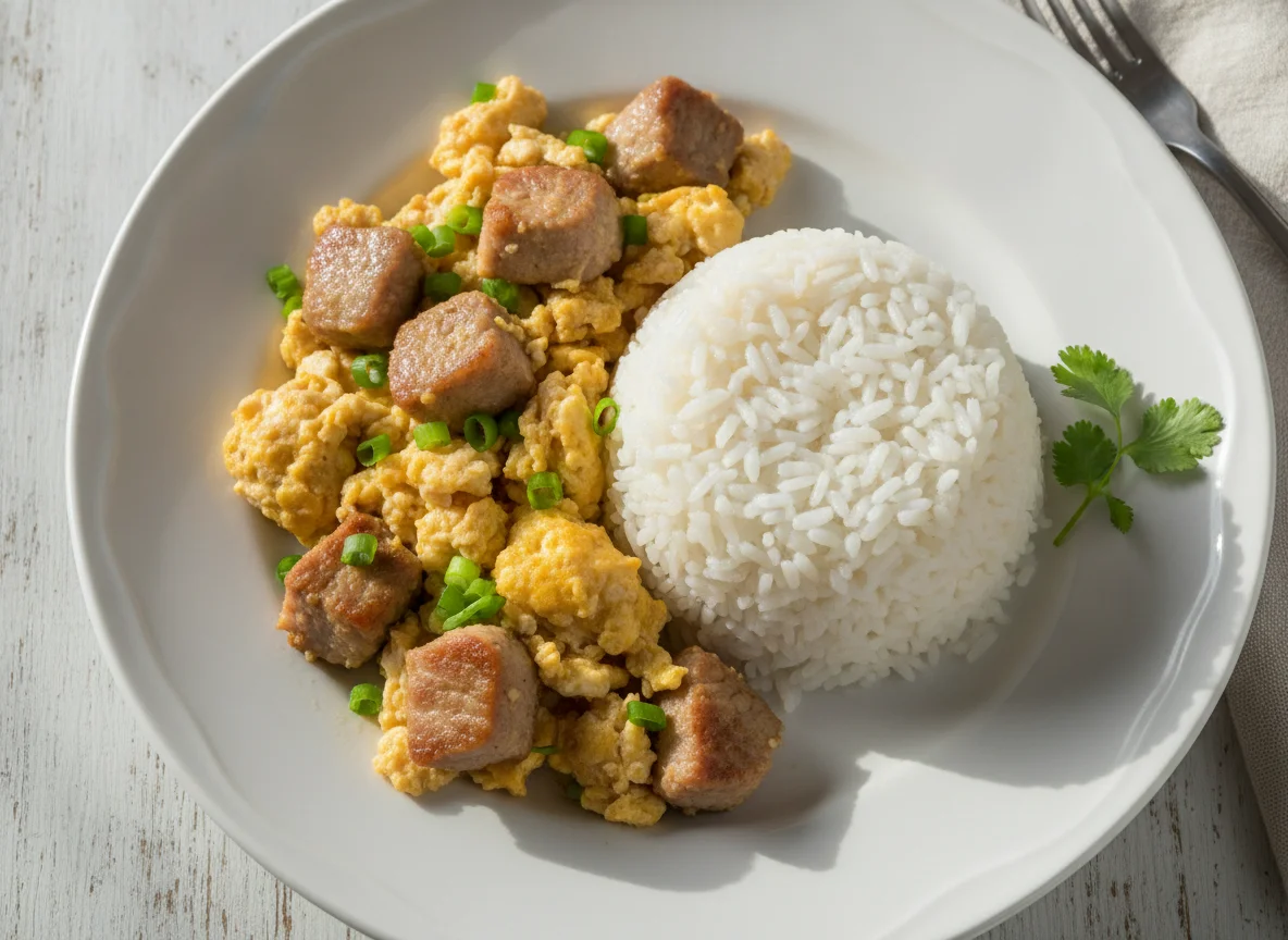 Cerdo con huevo y arroz blanco photo