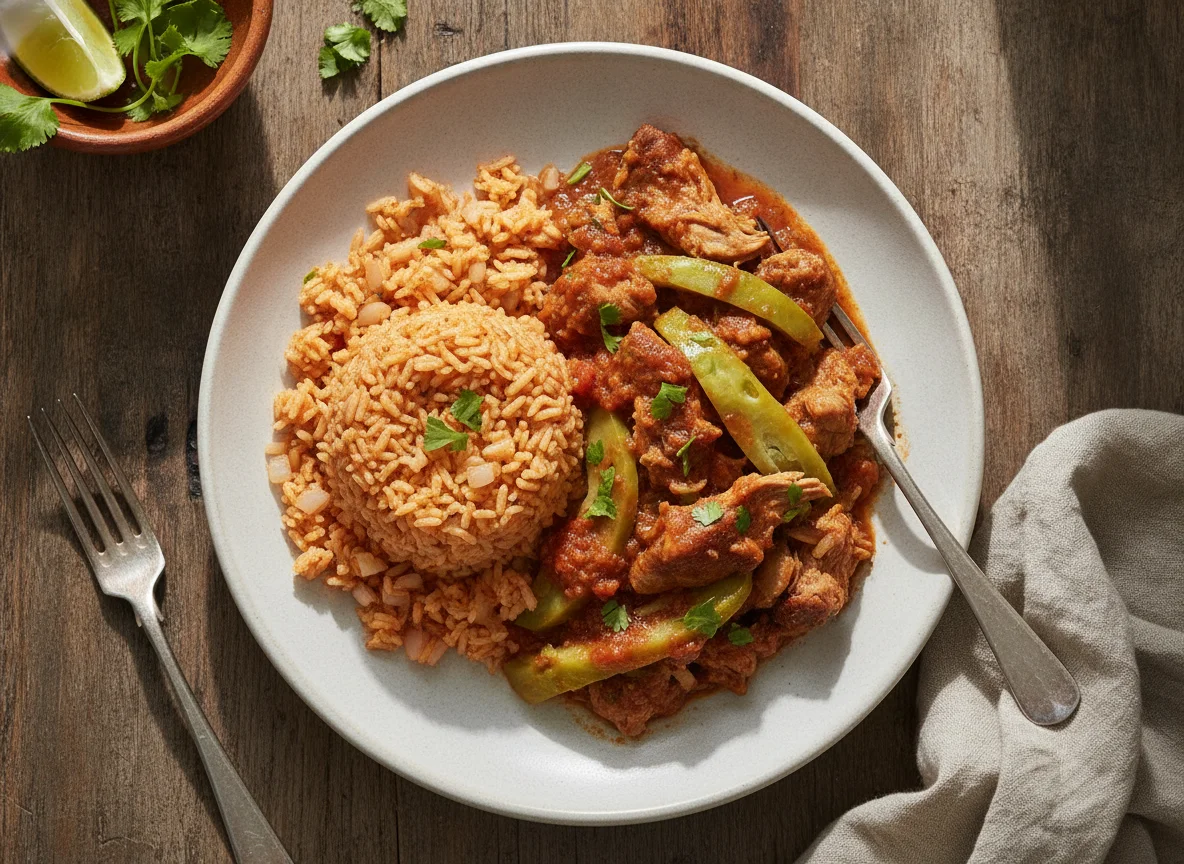 Cerdo con nopales y arroz rojo photo