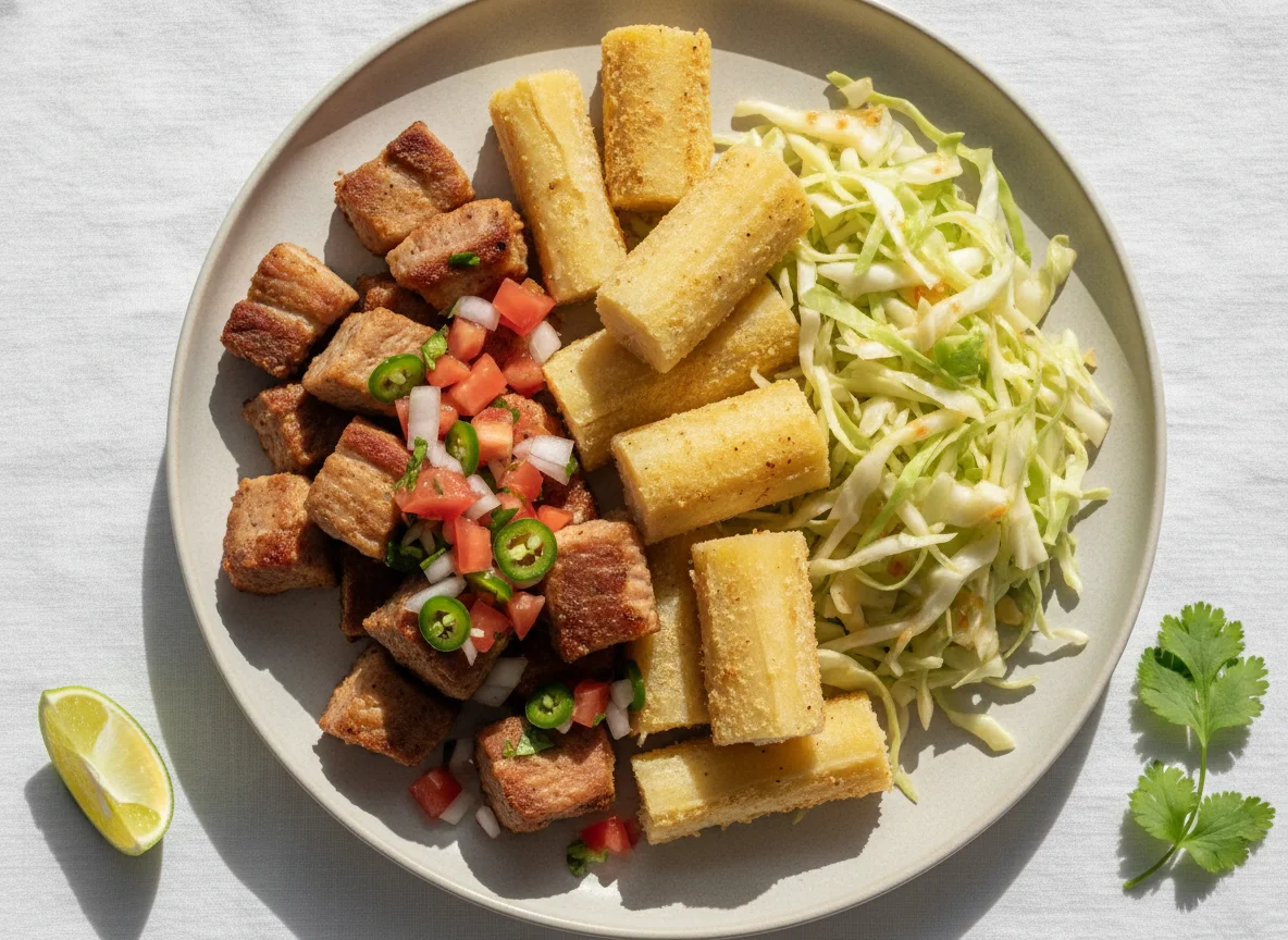 Cerdo con yuca y ensalada photo