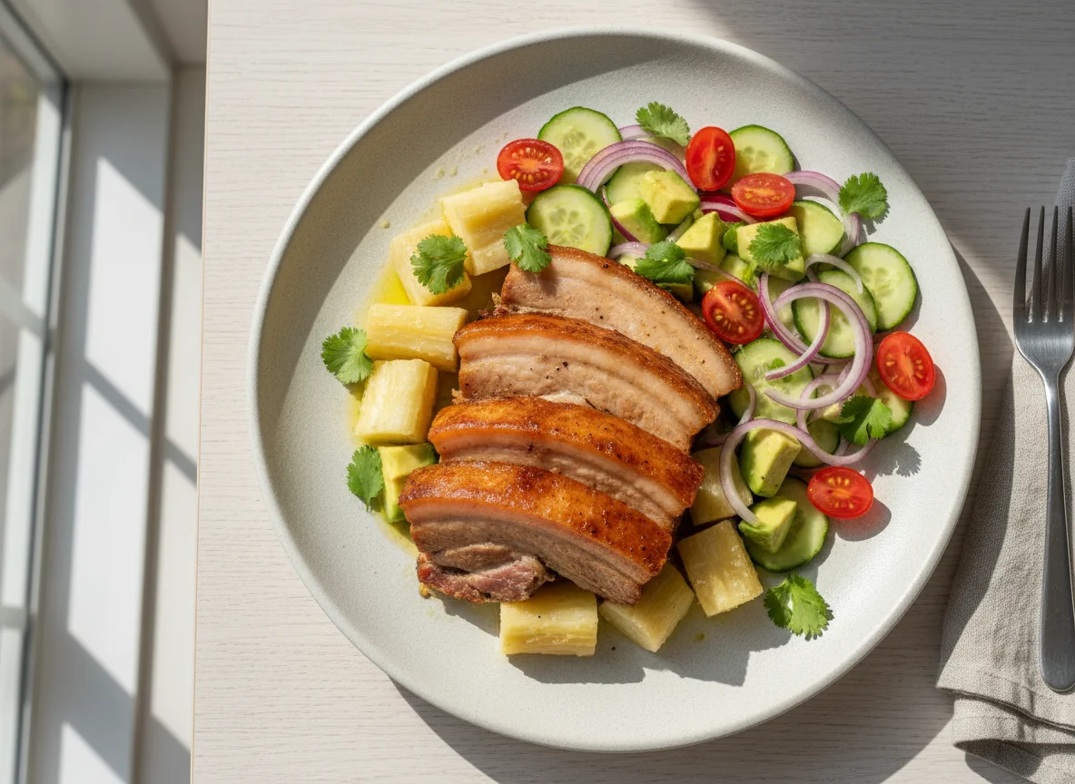 Cerdo con yuca y ensalada de aguacate photo