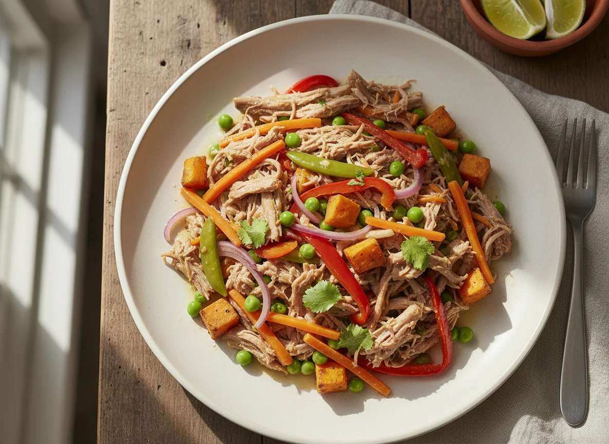 Cerdo desmenuzado con vegetales salteados photo