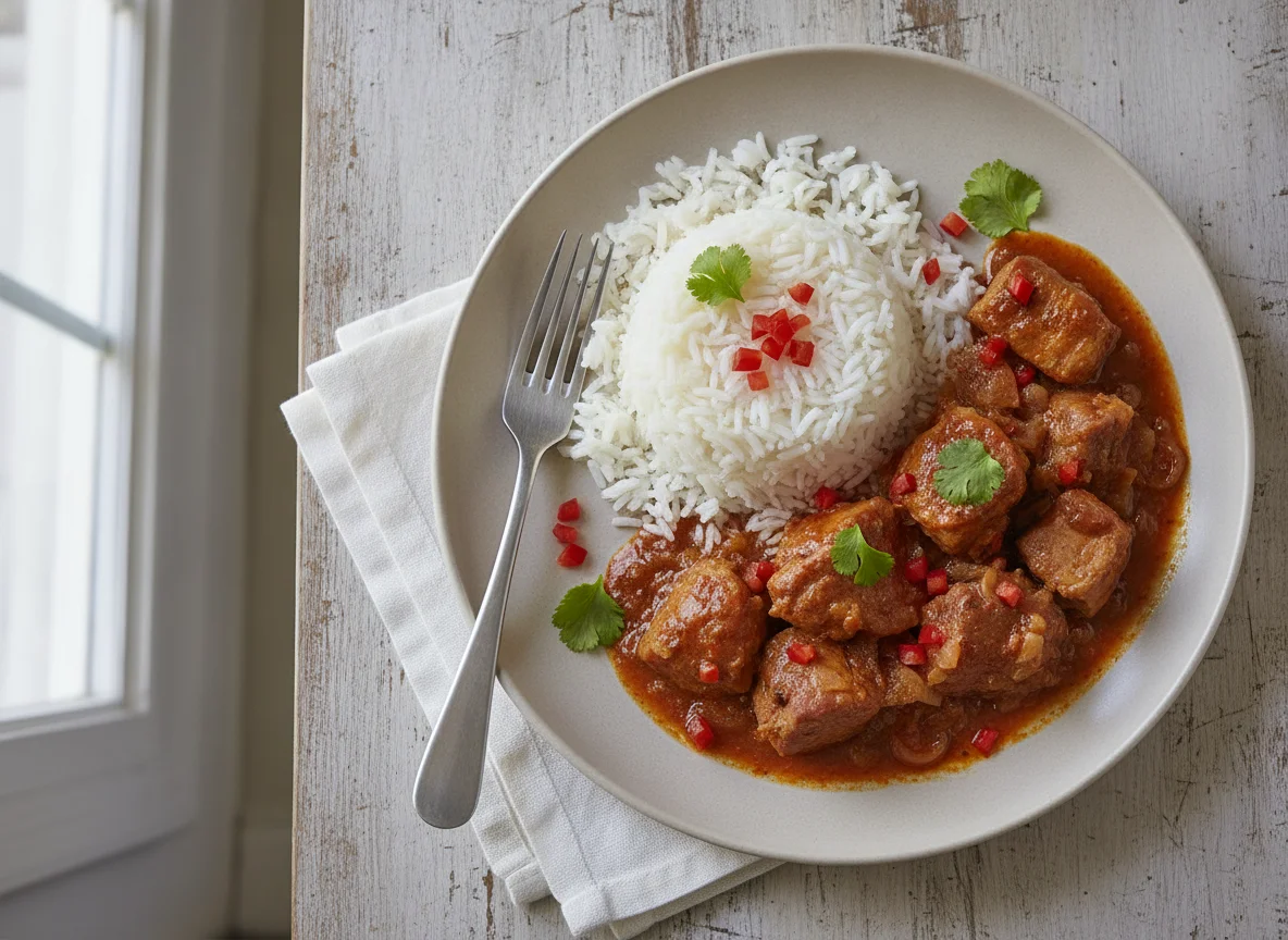 Cerdo en salsa con arroz photo
