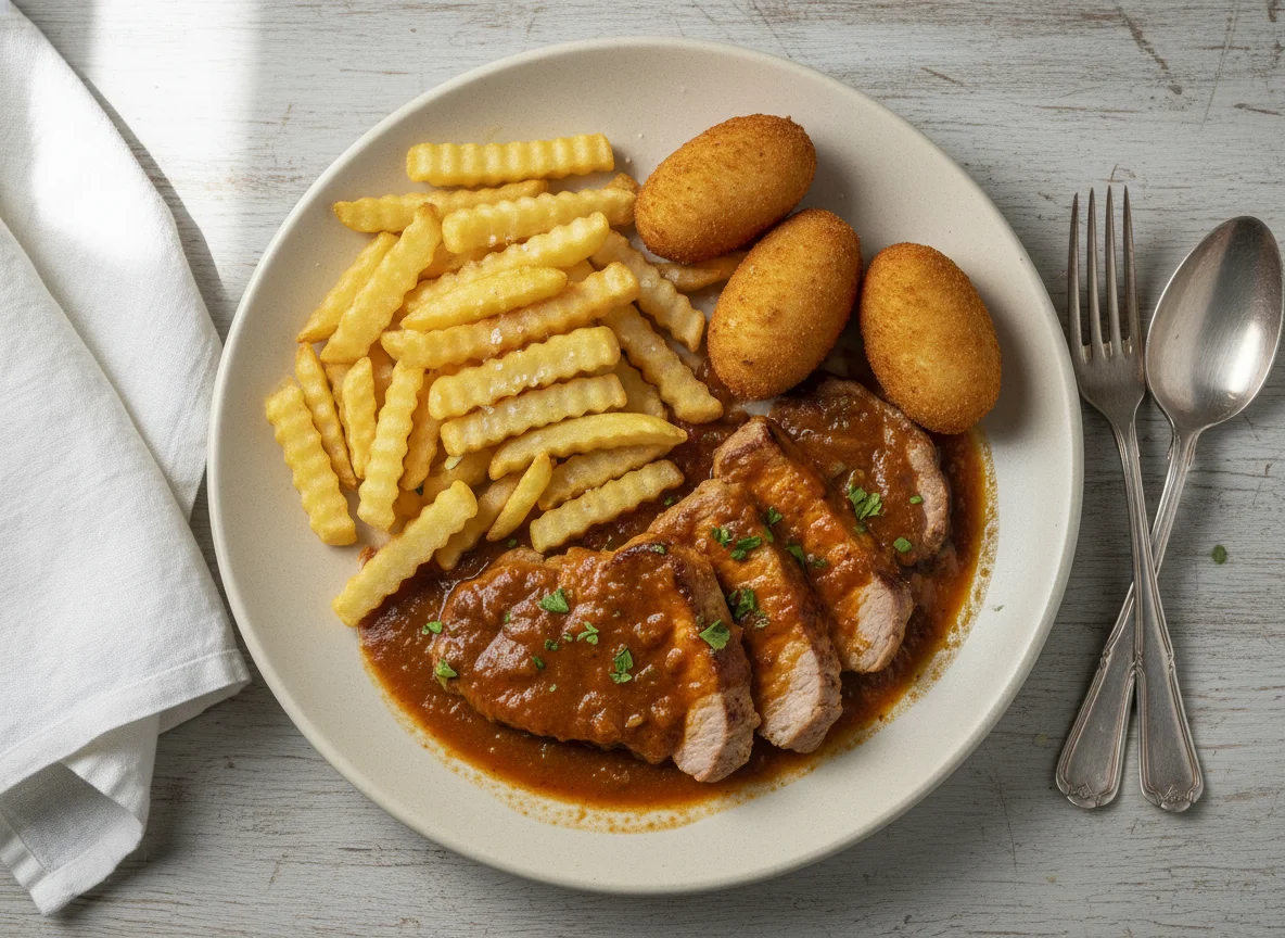 Cerdo en salsa con papas fritas y croquetas photo