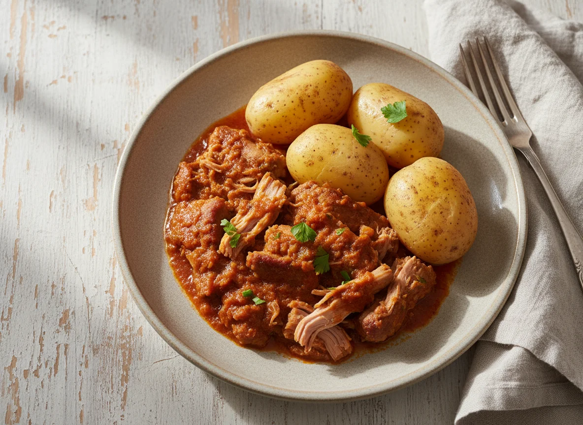 Cerdo en salsa con patatas cocidas photo