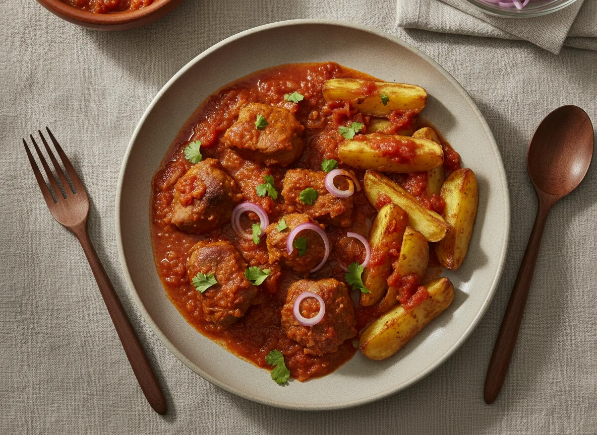 Cerdo en salsa roja con papas photo