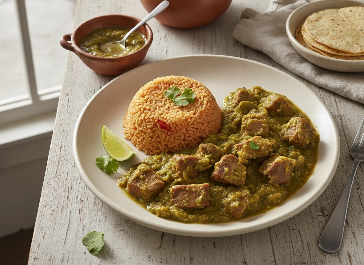 Cerdo en salsa verde con arroz rojo photo