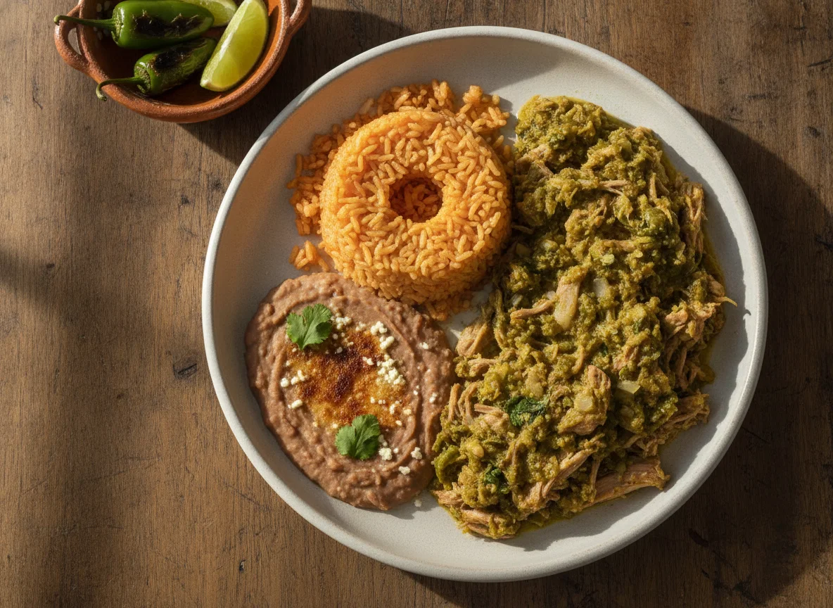 Cerdo en salsa verde con arroz y frijoles refritos photo