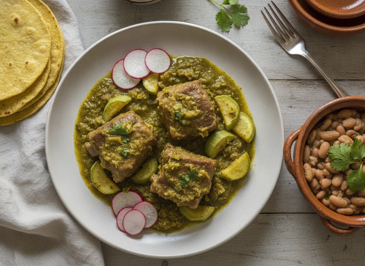 Cerdo en salsa verde con calabacitas, frijoles y tortillas photo