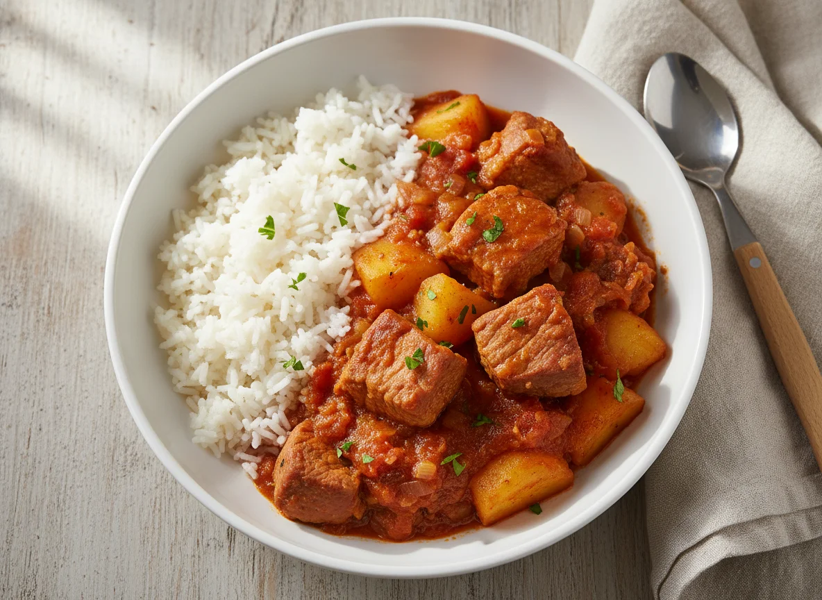 Cerdo estofado con patatas y arroz photo