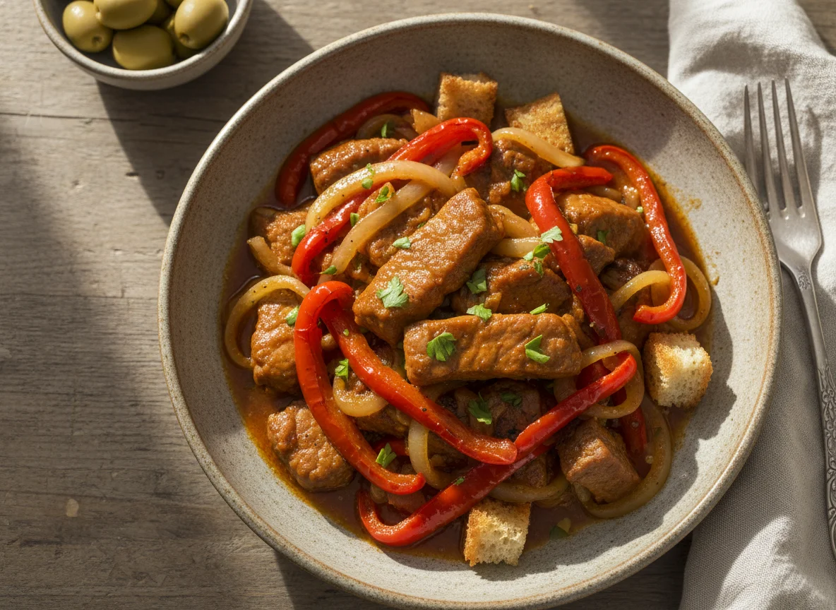 Cerdo guisado con pimientos y cebolla photo