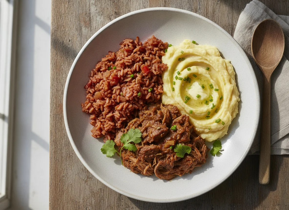 Cerdo picado con arroz rojo y puré de papa photo