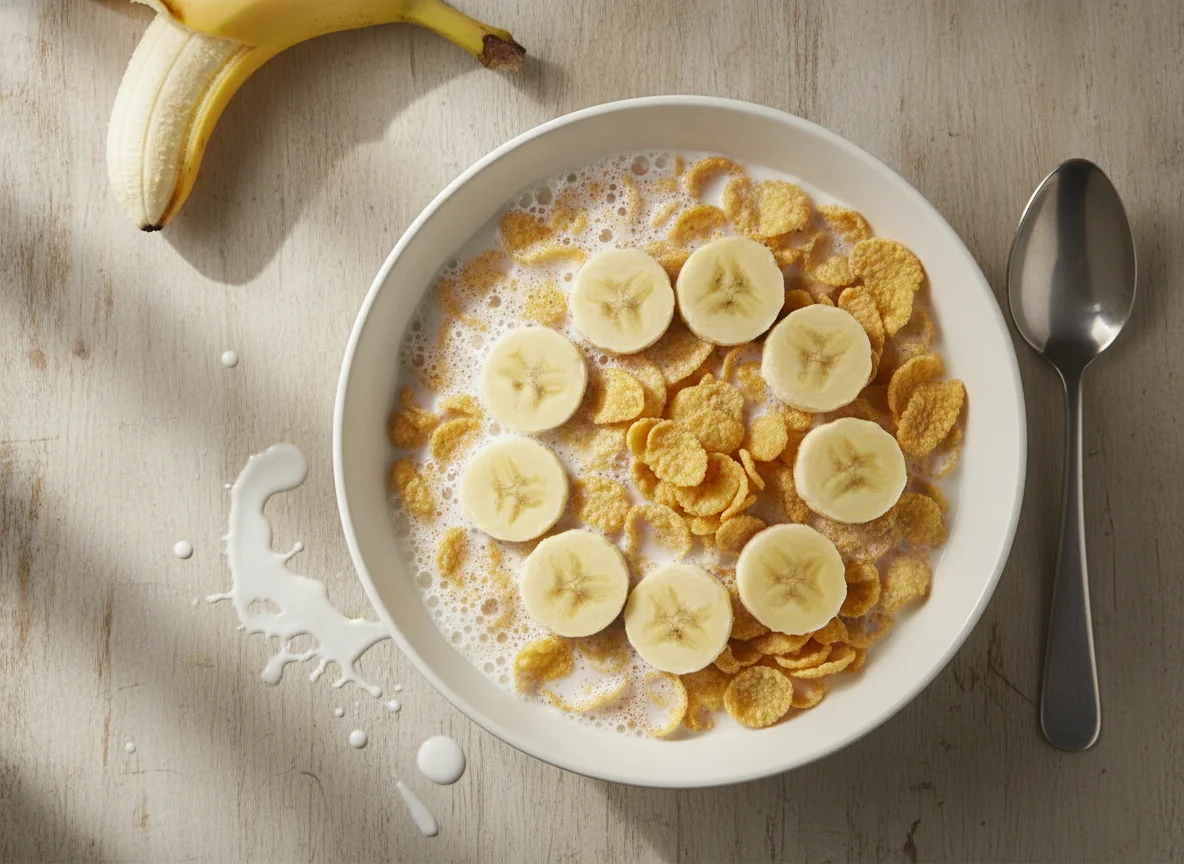 Cereal con leche y banana photo