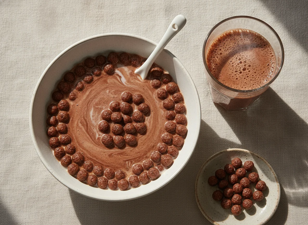 Cereal con leche y bebida de chocolate photo