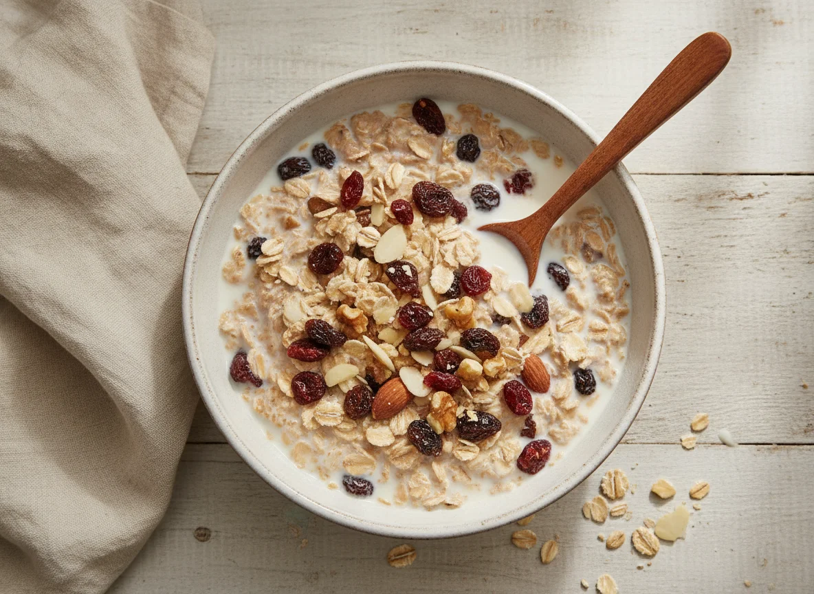 Cereal con leche y frutas secas photo