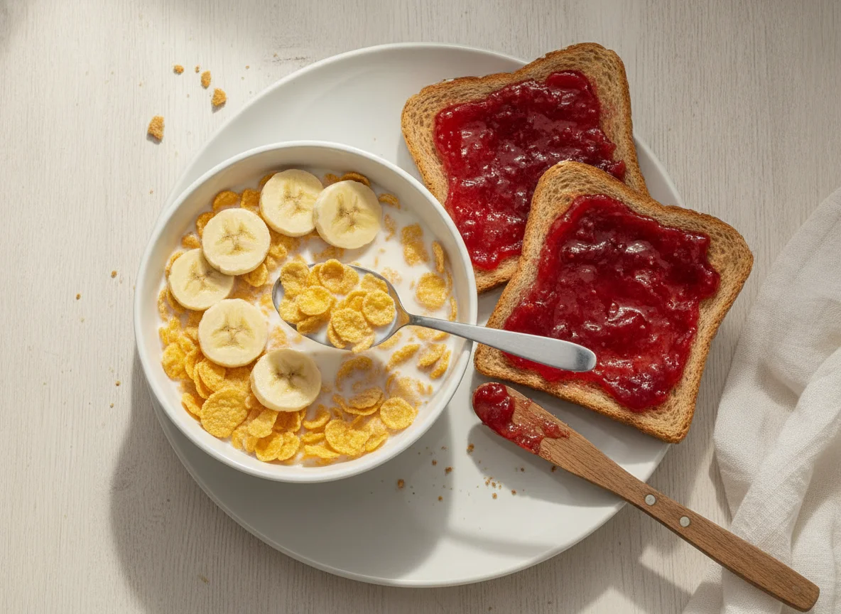 Cereal con leche y pan tostado con mermelada photo