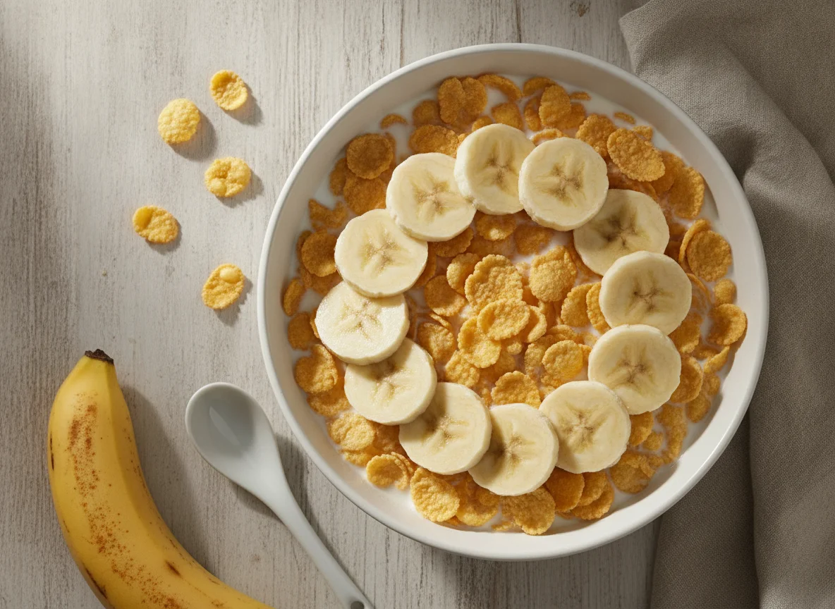Cereal con leche y plátano photo