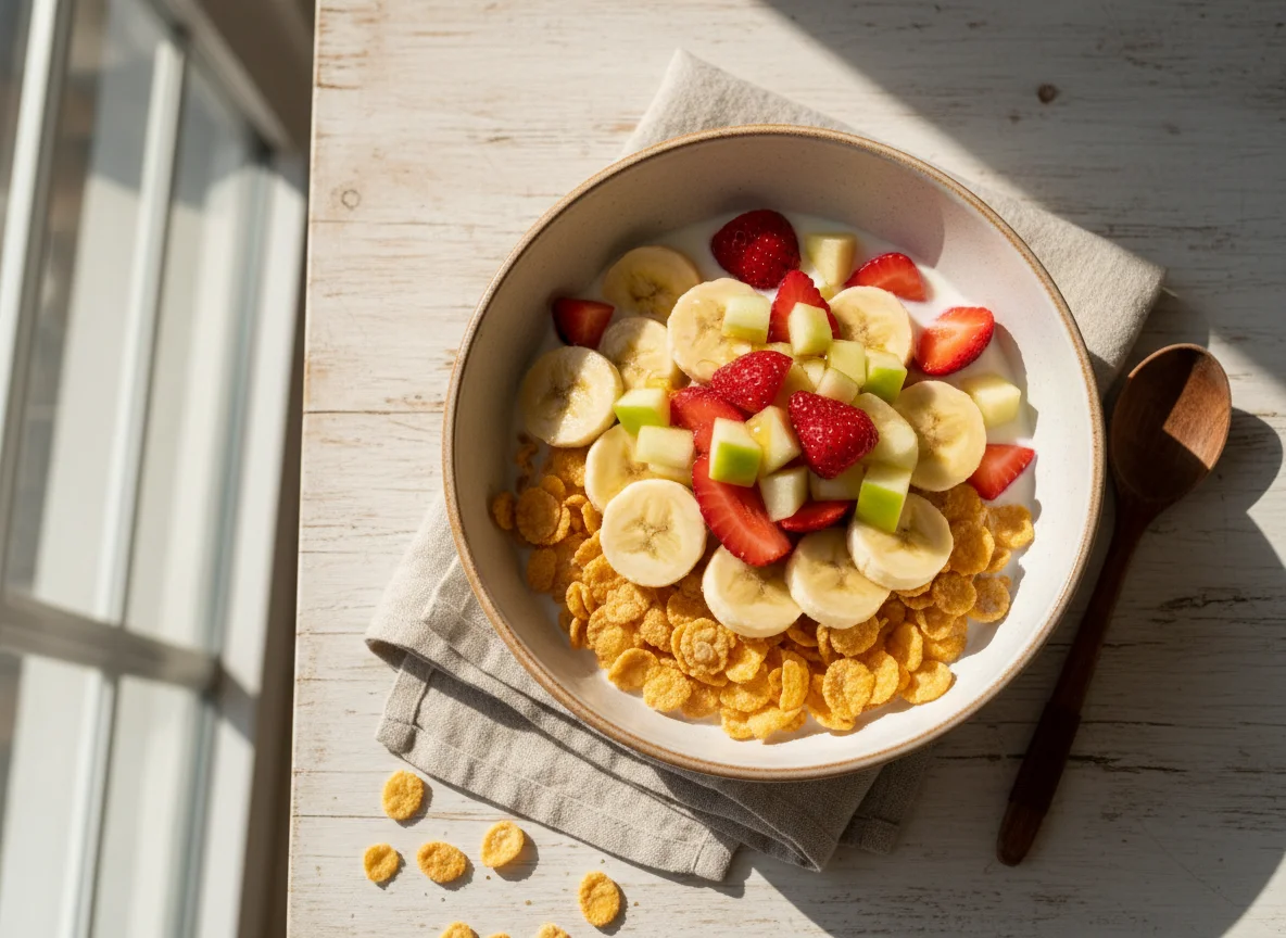 Cereales con fruta y leche photo