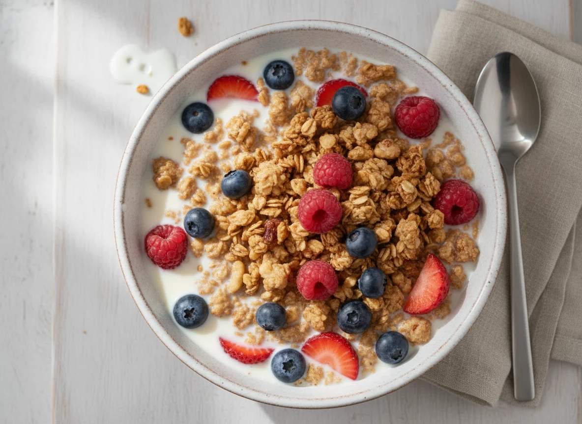 Cereales con leche y frutos rojos photo