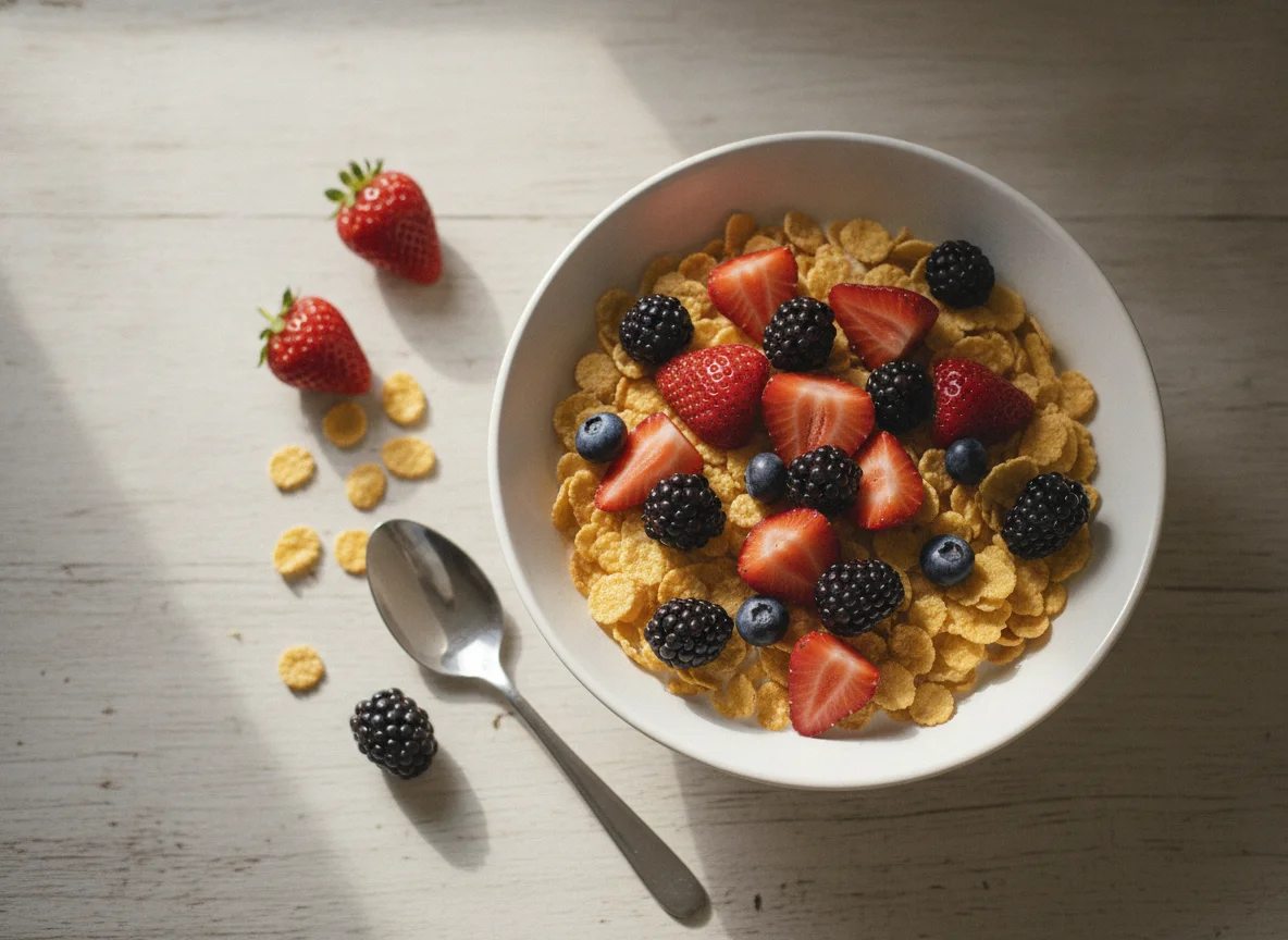 Cereales de maíz con fresas y moras photo