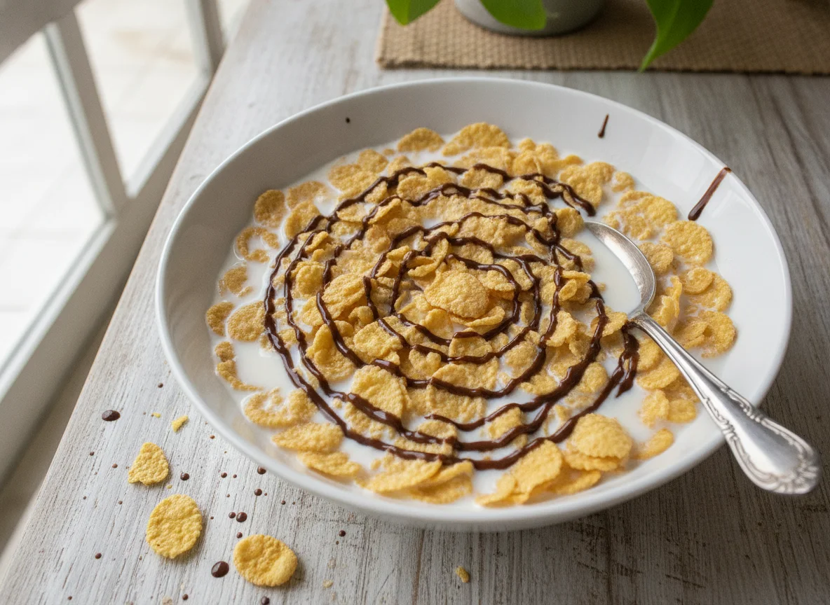 Cereales de maíz con leche y chocolate photo
