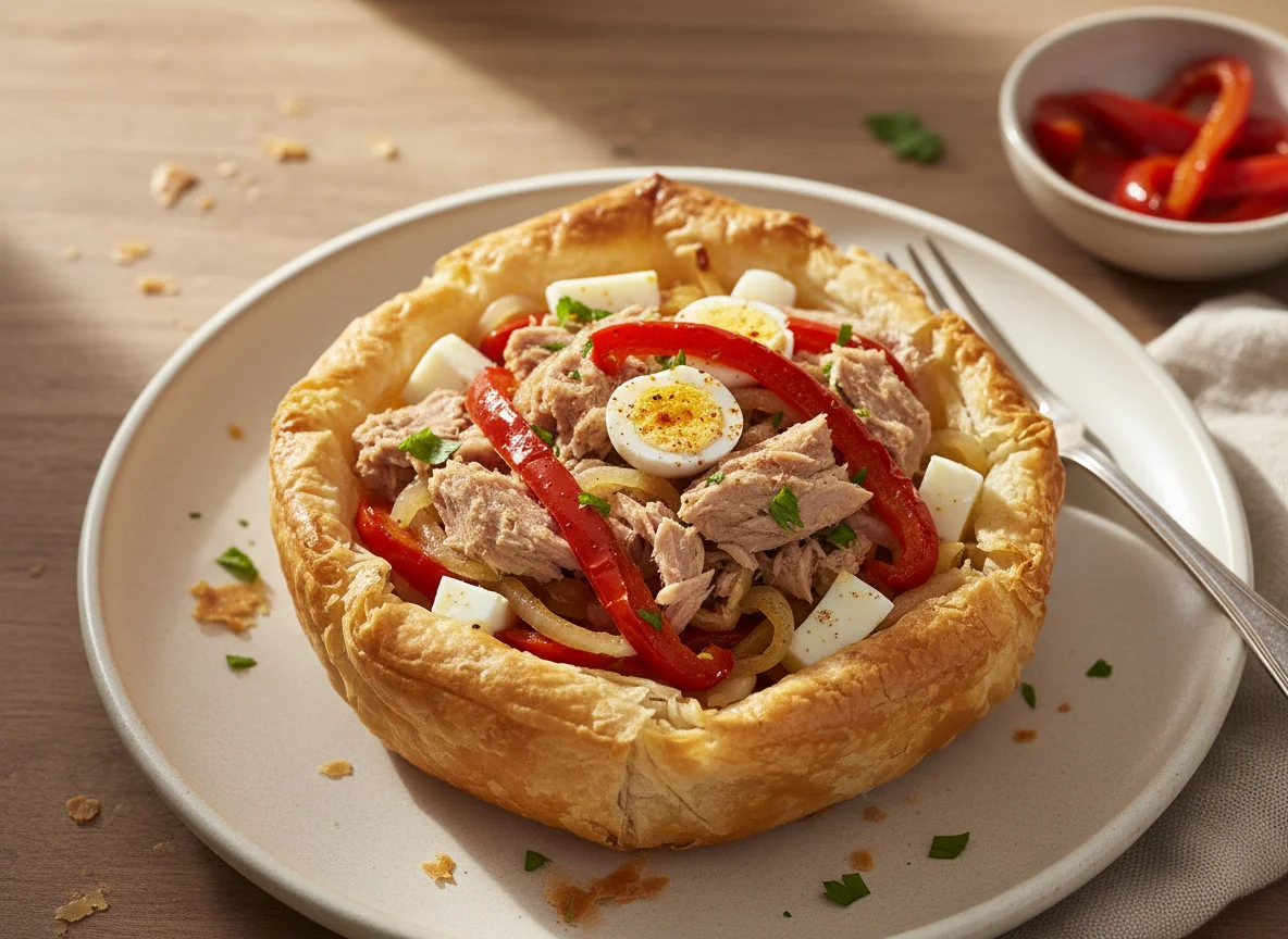 Cesta de masa filo con atún y verduras photo