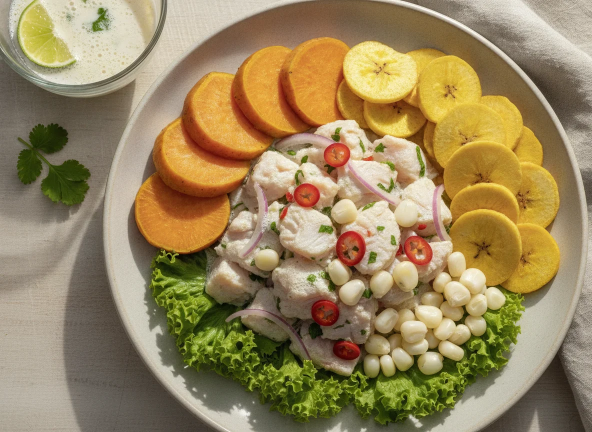 Ceviche con camote y chifles photo