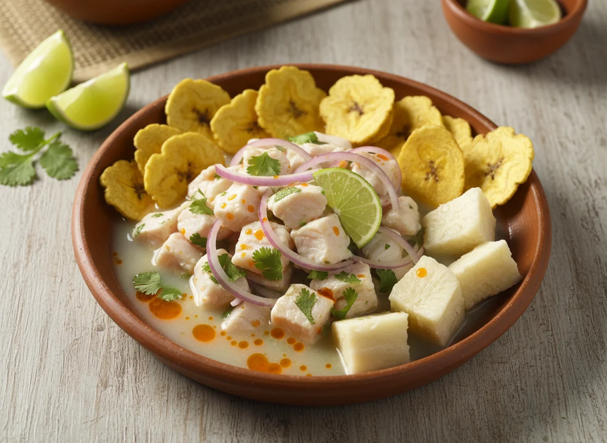 Ceviche con chifles y yuca photo