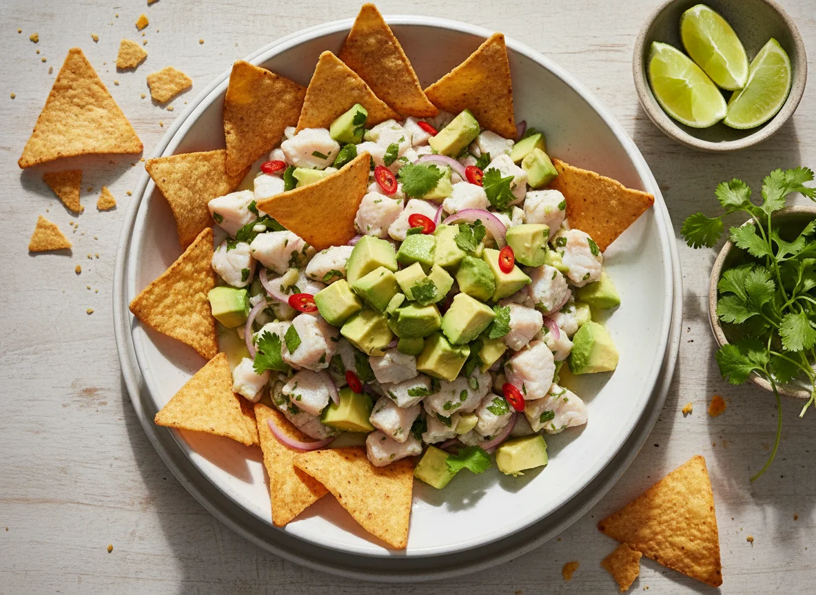 Ceviche con palta y totopos photo