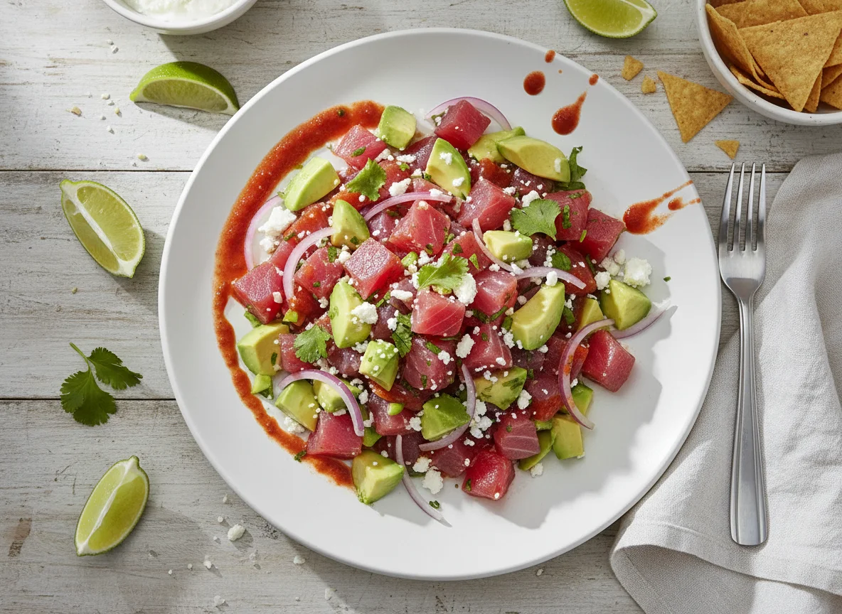 Ceviche de atún con aguacate y queso fresco photo