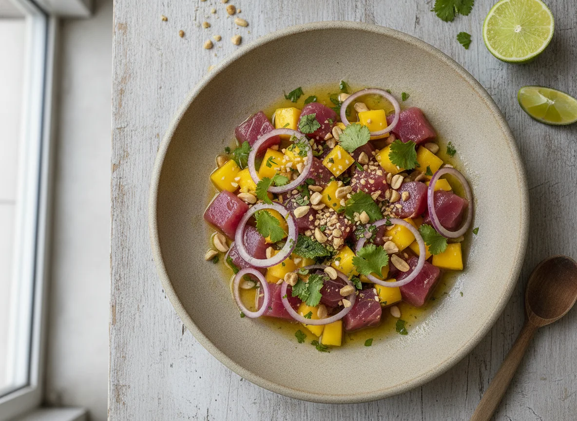 Ceviche de atún con mango y cebolla roja photo