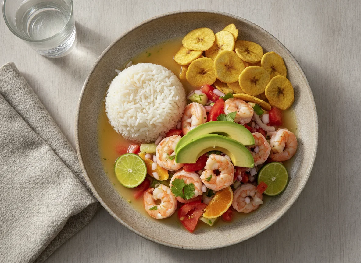 Ceviche de camarón con arroz y chifles photo