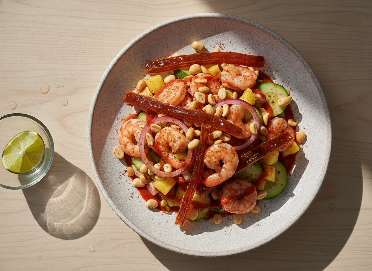 Ceviche de camarón con fruta y cacahuates photo