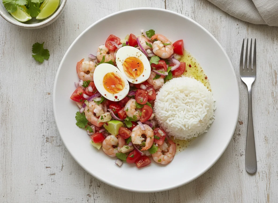 Ceviche de camarón con huevo y ensalada photo