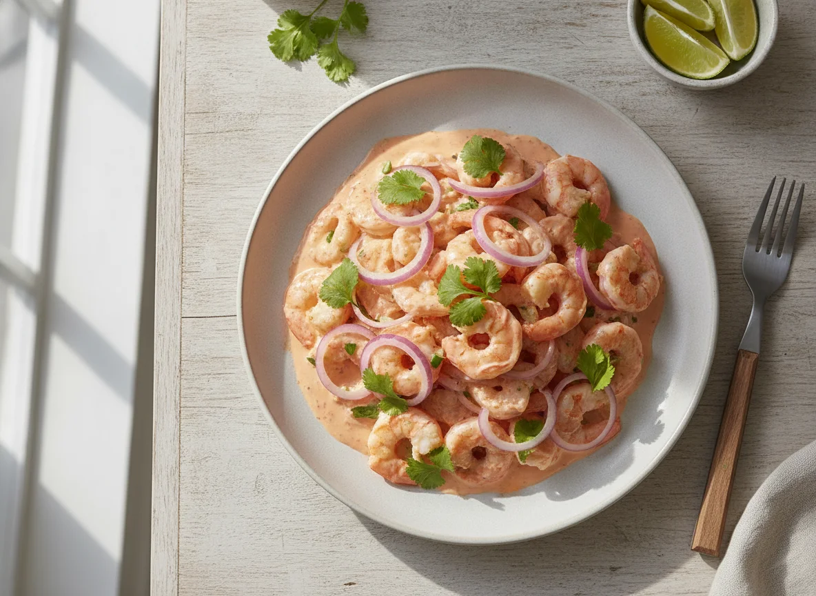 Ceviche de camarón con salsa rosada photo